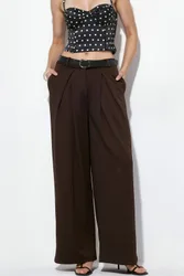 Womens High-Waist Wide-Leg Crepe Trousers With Belt - Brown - Size Large