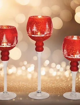 Teelichthalter Glas-Kelch Winterwald rot 3er-Set - Wurm - FashionsVida