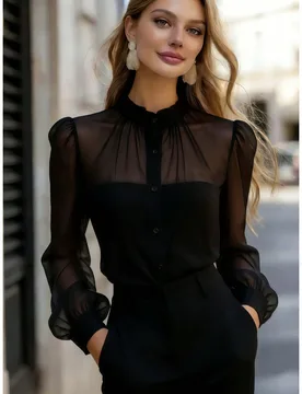 Blusa de poliéster de manga larga transparente, cuello alto y botones al frente con ajuste regular, para crear un look elegante diario para mujeres L - Shein - FashionsVida