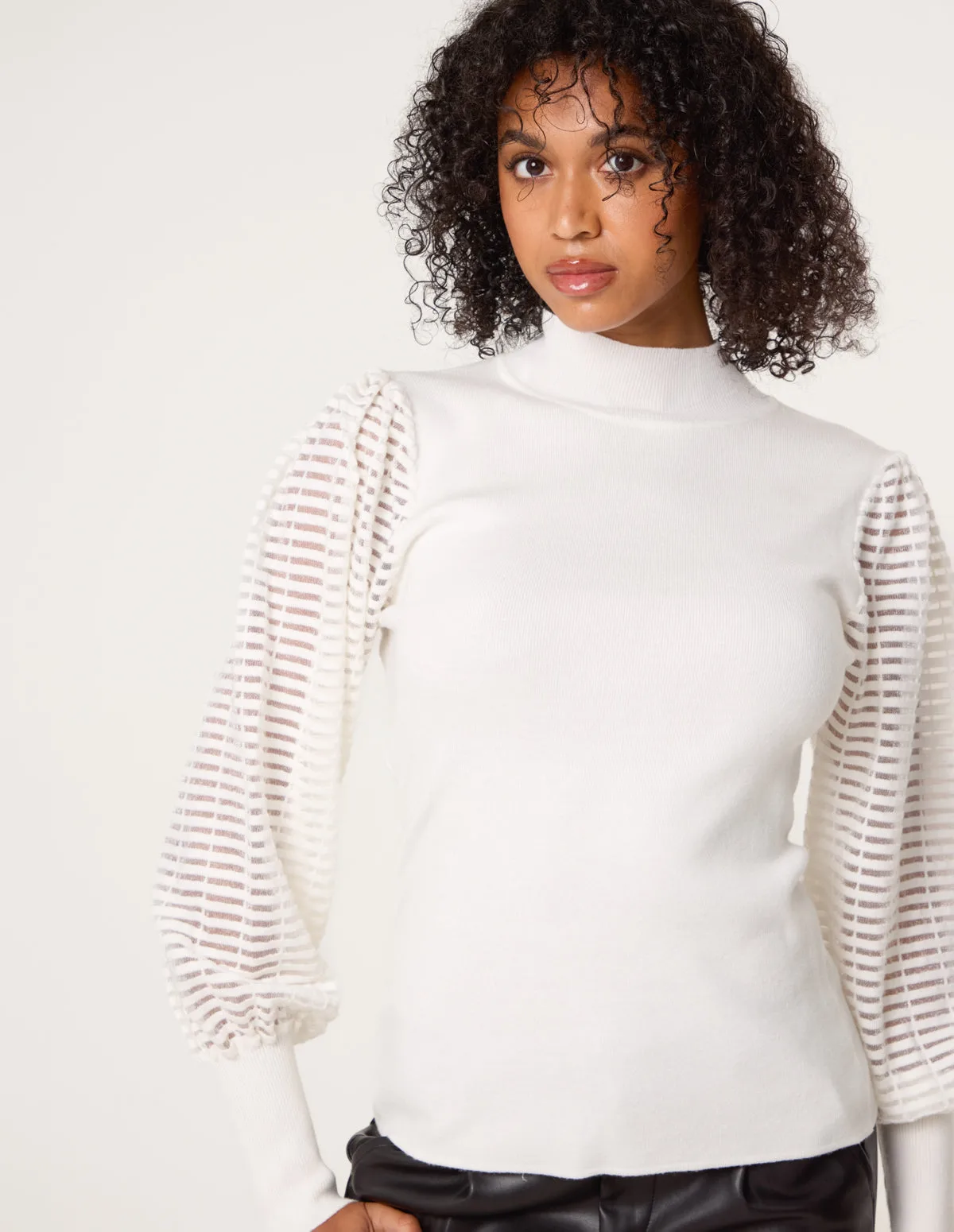 Semi-Sheer Mesh Panel Long Sleeve Jumper - L / IVORY - female - Blue Vanilla - FashionsVida