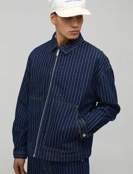 Mens Pinstripe Boxy Denim Jacket - Indigo Blue Cotton - Size X-Large - boohooMAN - FashionsVida
