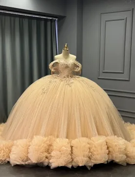 Shiny Champagne Quinceanera Dresses Off the Shoulder Sequin Layering Decal Ruffle Long tail Vestido De 15 Quinceanera Customize - Aliexpress - FashionsVida