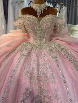 Shiny Pink Quinceanera Dress off-shoulder Crystal Glitter Decal Layering Long tail Bow vestidos de 15 Quinceanera ﻿Customized - Aliexpress - FashionsVida