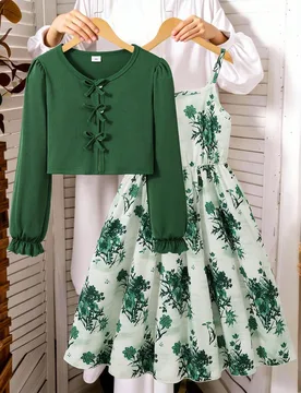 Conjunto de 2 piezas para niña preadolescente, cárdigan de punto acanalado con lazo decorativo y vestido sencillo de tirantes finos con estampado, e - Shein - FashionsVida