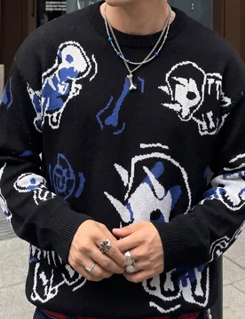 Suéter de cuello redondo de manga larga negro con estampado de dinosaurio estilo americano streetwear para hombres, top de punto holgado casual y ver - Shein - FashionsVida