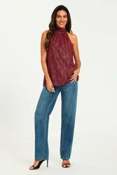 Women's Gold Stripe Foil Halter Neck Tie Back Top In Wine Size: Small - Wine - Size: S