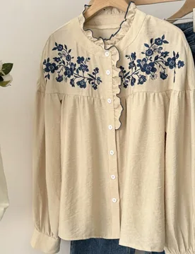 Camisa de manga larga con botones, volantes y bordado floral para mujer XS - Shein - FashionsVida