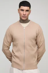 Mens Tall Essential Regular Fit Knitted Bomber Jacket - Taupe - Size 2xl