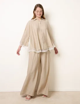 Oversize Crinkle Lace Hem Shirt - ONE / BEIGE - female - Blue Vanilla - FashionsVida