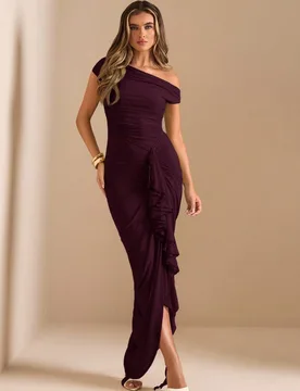 Vestido elegante de verano color burdeos para mujer, escote asimétrico drapeado, bajo con volantes, Body ceñido con abertura alta y fruncido, para f - Shein - FashionsVida