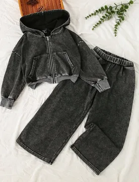 Conjunto de chaqueta vaquera corta con capucha holgada y pantalones vaqueros de pierna recta suaves y cómodos para niñas, versátil y de moda para u - Shein - FashionsVida
