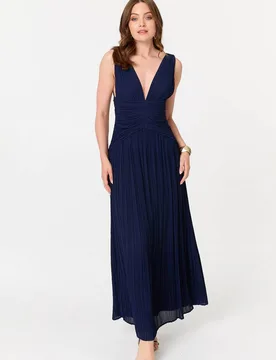 Women's Pleated Layered Sleeveless Maxi Dress in Navy Size: 16 - Navy - Size: 16 - Izabel London - FashionsVida