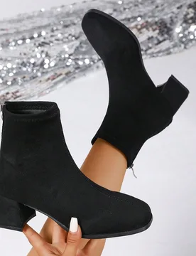 Botas de moda para mujer con punta cuadrada, tacón grueso y cremallera trasera en color beige, botas de tacón alto beige, botines para mujer, botas - Shein - FashionsVida