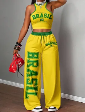 Set de 2 piezas de estilo casual de mujer con camiseta ajustada y pantalones sueltos, adecuado para la calle, la Copa Africana, moda callejera S - Shein - FashionsVida