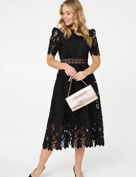 Women's Semi Sheer Lace Layer Midi Dress in Black Size: 16 - Black - Size: 16 - Izabel London - FashionsVida