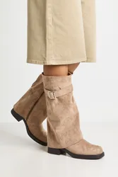 Womens Wide Fit Buckle Detail Fold Over Knee High Boots - Sand Rubber - Size 7 Wide Fit (Uk Shoe)