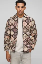 Mens Long Sleeve Zip Through Diamond Tapestry Overshirt - Beige - Size Small