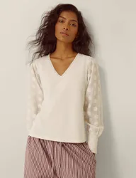 Cotton Rich V-Neck Blouse Ivory female