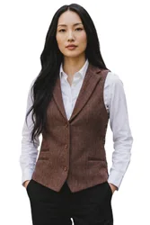 Women's Herringbone Wool Tweed Check Tailored Waistcoat - WS-1 in Brown Size: 18 - Brown - Size: 18
