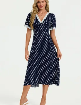 Women's Lace Trim Dot Print Midi Dress In Navy Size: Small - Navy - Size: S - FS Collection - FashionsVida