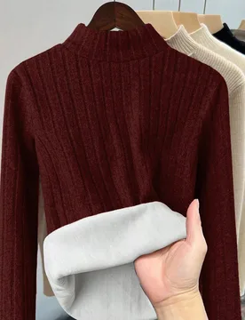 Camiseta de manga larga de unicolor con forro polar engrosado y efecto adelgazante para mujer, ropa de otoño para uso diario y salidas, rojo borgoña - Shein - FashionsVida