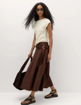 Pure Cotton Pintuck Midi Skirt Brown female - M&S - FashionsVida