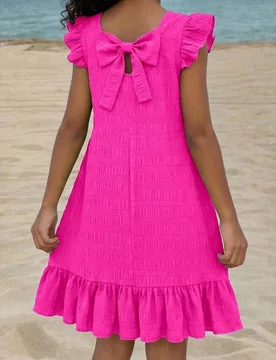 Vestido midi para niñas preadolescentes con fruncido, estilo dulce de verano tropical, lazo, cuello redondo, sin mangas, bajo con volantes, estilo de - Shein - FashionsVida