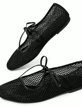 Mocasines planos negros de mujer con punta cuadrada, estilo minimalista con patchwork, malla transpirable, cordones, cómodos, estables y fáciles de - Shein - FashionsVida