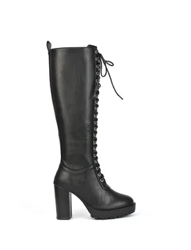 Women's 'Ruthie' Knee High Block Heel Lace Up Platform Boots in Black Size: 6 - Black - Size: 6 - XY London - FashionsVida