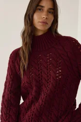 Womens Regular Fit Openwork Sweater - Burgundy - Size Medium