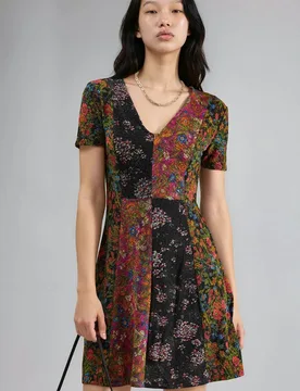 Womens Floral V-Neck A-Line Mini Dress - Multicolour - Hiccup - FashionsVida