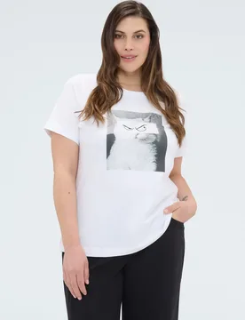Camiseta de mujer de algodón con estampado de gato impresión fotográfica con aplicaciones luminosas - Fiorella Rubino - FashionsVida