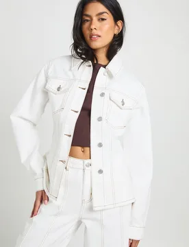 Womens Cinched Waist Seam Detail Denim Jacket - Ecru - Size 8 Uk - Boohoo - FashionsVida