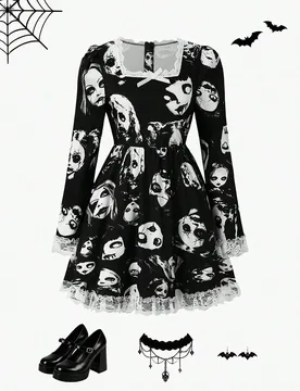 Vestido de manga larga con encaje de contraste con cara de calavera y fantasma divertido para niñas preadolescentes grandes de Halloween 11Y - Shein - FashionsVida