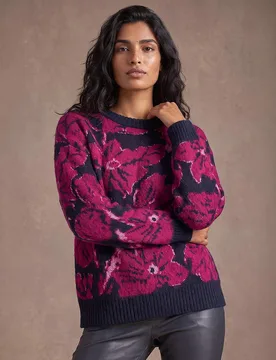Floral Crew Neck Jumper Burgundy female - Roman - FashionsVida