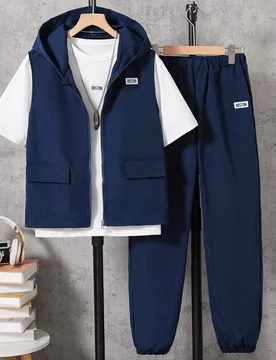 Conjunto de 3 piezas de ropa casual para adolescentes varones - Chaleco negro, Camiseta blanca, Pantalón negro - Shein - FashionsVida