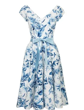 Rockabilly Kleid knielang - Amazilia Dress - S bis M - für Damen - Größe S - blau/weiß - Frauen - female - Hell Bunny - FashionsVida