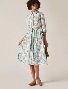 Women's Blue Bloom Cotton Midi Dress in Light Blue Size: 12 - Light Blue - Size: 12 - James Lakeland - FashionsVida