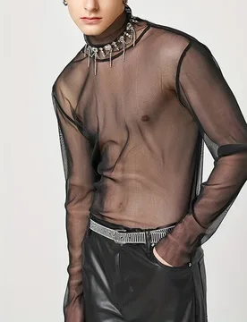 Turtleneck Long-sleeved Shoulder-down Perspective T-shirt Men's Sexy Breathable Mesh Top Bottoming Shirt Men's - Aliexpress - FashionsVida