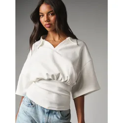 Blusa corta con cuello, escote en V abierto, cintura elástica fruncida, manga corta, corte cuadrado y holgado, top de verano L
