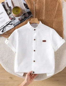 Pieza Camisa de manga corta versátil y casual de estilo caballero con cuello alto y color azul liso para niños preadolescentes, primavera/verano 12Y - Shein - FashionsVida