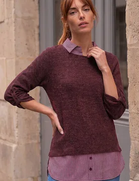 Women's Textured Snit Mock Shirt in Wine Size: 14 - Wine - Size: 14 - Roman - FashionsVida