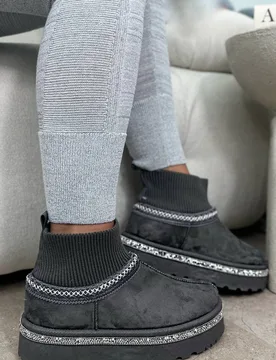 Women's Crystal Faux Fur Lined Stretch Sock Warmer Slipper Boots in Grey Size: 3 - Grey - Size: 3 - Love Lemonade - FashionsVida