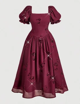 Vestido midi elegante con bordado floral, cintura fruncida y mangas abullonadas para mujer de talla grande, adecuado para fiestas y eventos, Vestido d - Shein - FashionsVida