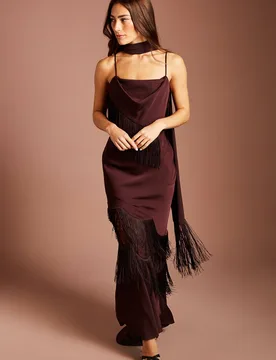 Women's Fringe Detail Strappy Maxi Dress With Scarf in Chocolate Size: 14 - Chocolate - Size: 14 - Coast - FashionsVida