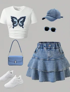Conjunto de blusa de manga corta con estampado de mariposa y falda de mezclilla para adolescentes 13Y - Shein - FashionsVida