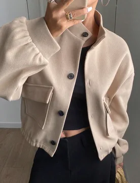Chaqueta corta con bolsillo y cuello alto de unicolor para mujer, ropa de otoño S - Shein - FashionsVida