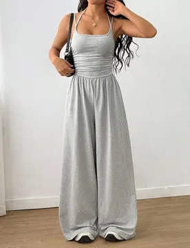 Mono casual plisado de pierna recta y holgado para mujer, primavera/verano, para mujeres altas, uso diario diurno, gris claro Tall L - Shein - FashionsVida