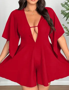 Mono de una pieza para mujer talla grande, rojo, con escote en V profundo y manga asimétrica, para Año Nuevo 1XL - Shein - FashionsVida