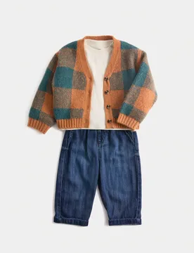 Pc Top & Bottom Outfit with Cardigan (0-3 Yrs) Green Mix male - M&S - FashionsVida